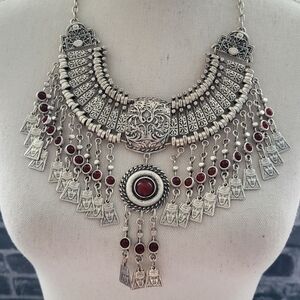Silver-Tone Boho Statement Necklace with Red Accents